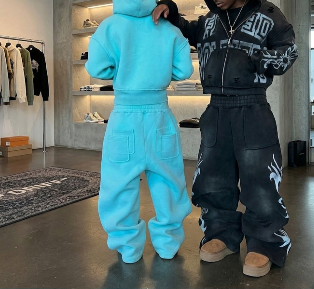 Washed Distressed Flared Sweat Suit Set