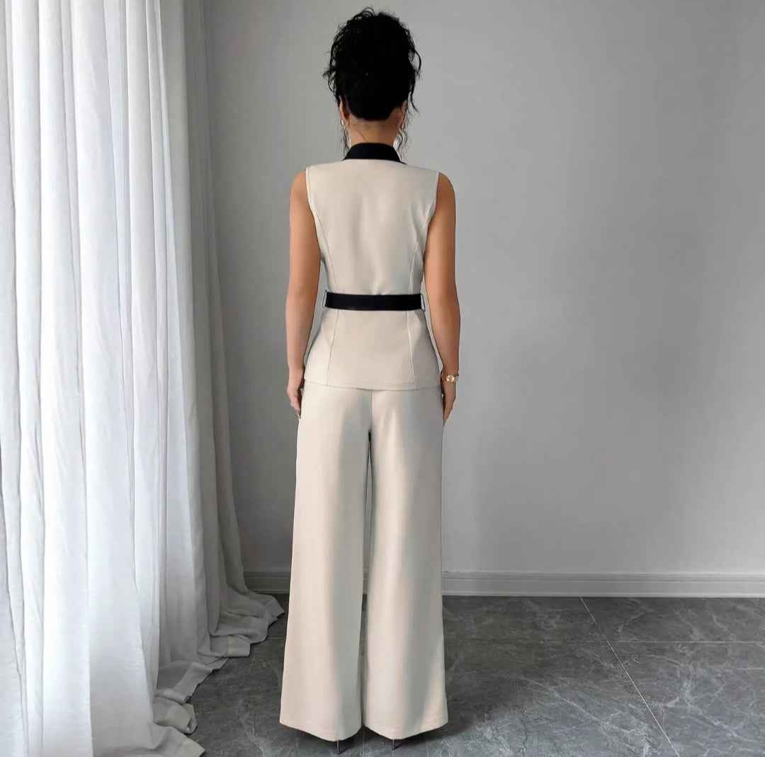 Sleeveless Colorblock Blazer Vest & Wide-Leg Trousers Set