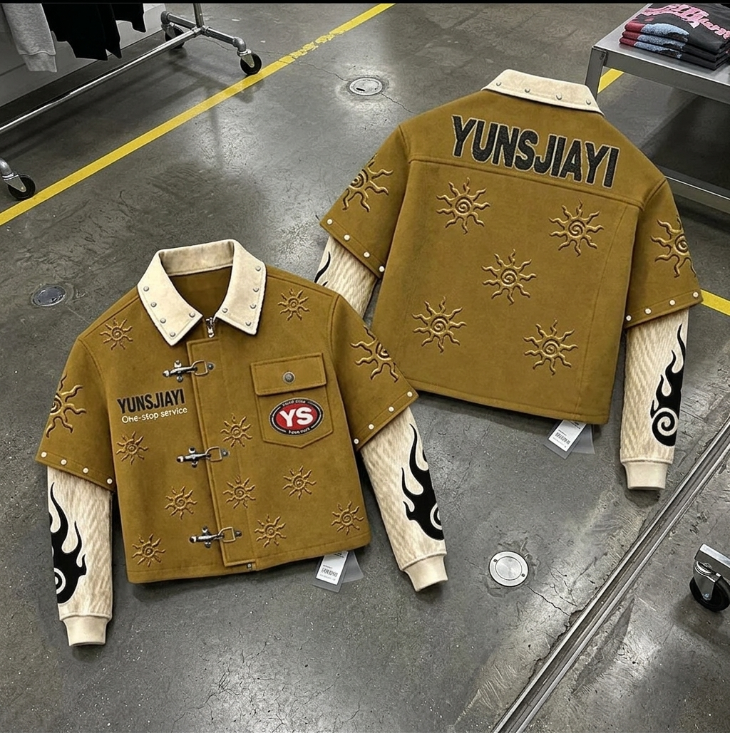 Sun Embroidered Suede Panel Cropped Jacket with Flame Corduroy Sleeves