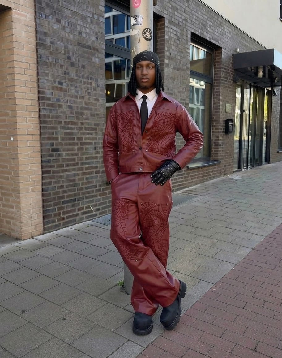 Men's Spiderweb Embossed Faux Leather Jacket & Pants Set - Modernrush.us