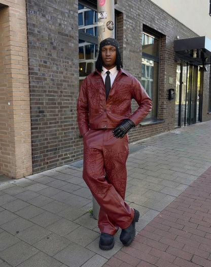 Men's Spiderweb Embossed Faux Leather Jacket & Pants Set - Modernrush.us