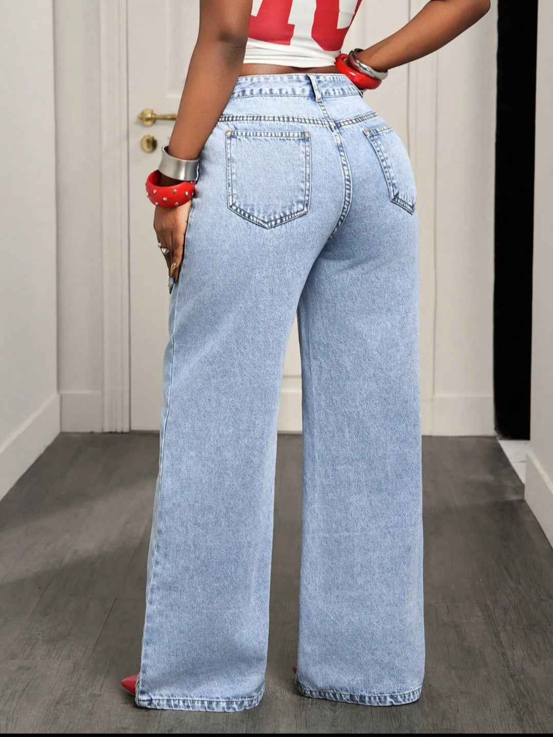 Asymmetrical Fold-Over Waist Wide-Leg Jeans