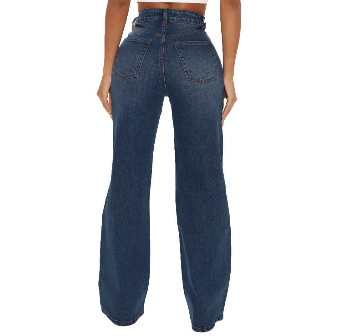 Denim OEM Women Ripped Jeans High Waist Wide Leg Straight Vintage Wash Woven Stretch