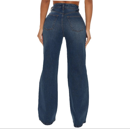 Denim OEM Women Ripped Jeans High Waist Wide Leg Straight Vintage Wash Woven Stretch