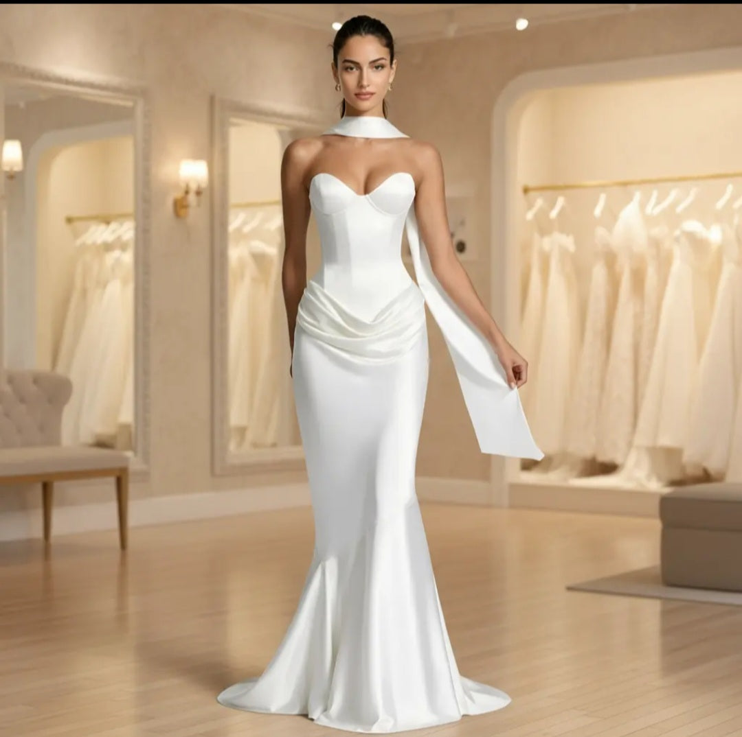Strapless Sweetheart Bustier Draped Column Gown - Modernrush.us