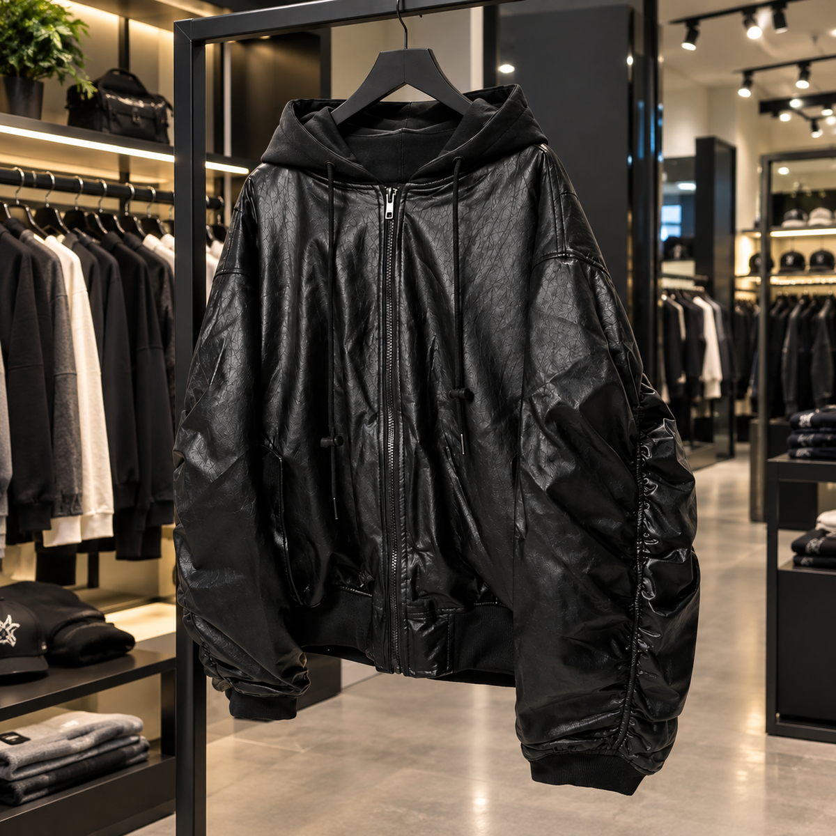 Men's Oversized Leather-Look Hooded Bomber Jacket – Black Heavyweight