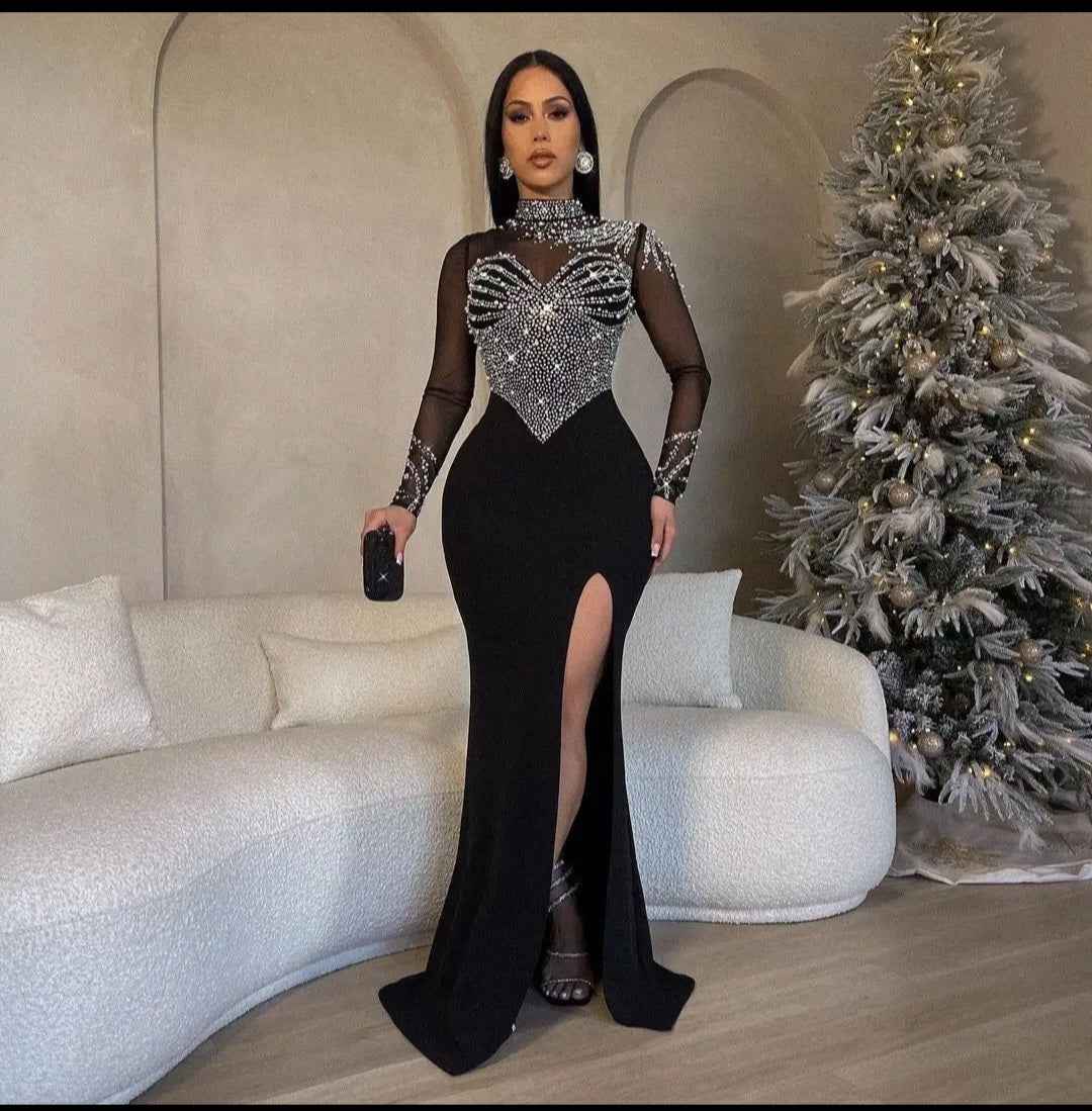 Sheer Mesh Beaded Mock Neck Mermaid Gown with Slit