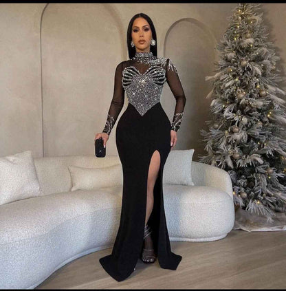 Sheer Mesh Beaded Mock Neck Mermaid Gown with Slit