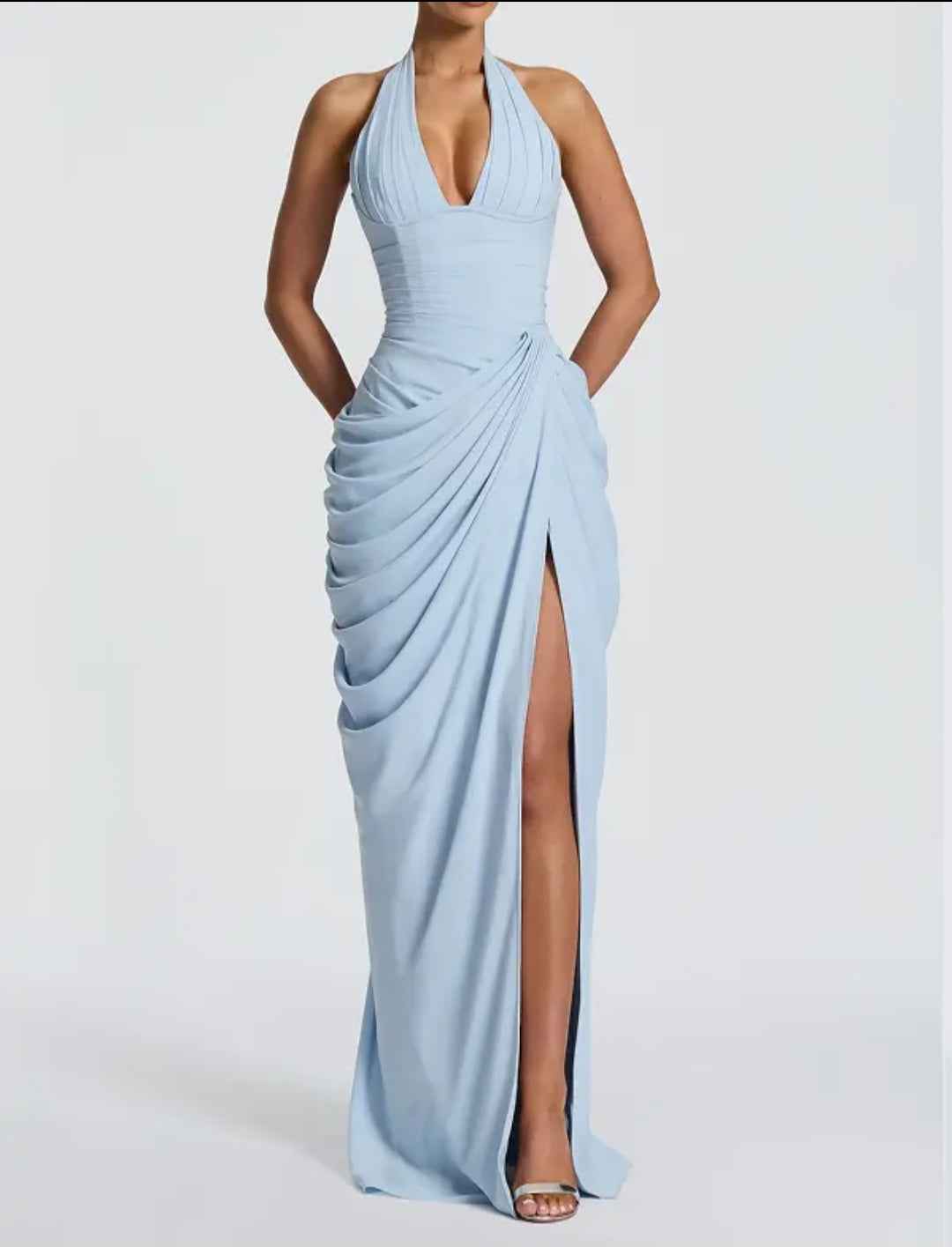 Halter Neck Draped Column Gown with Thigh Slit - Modernrush.us