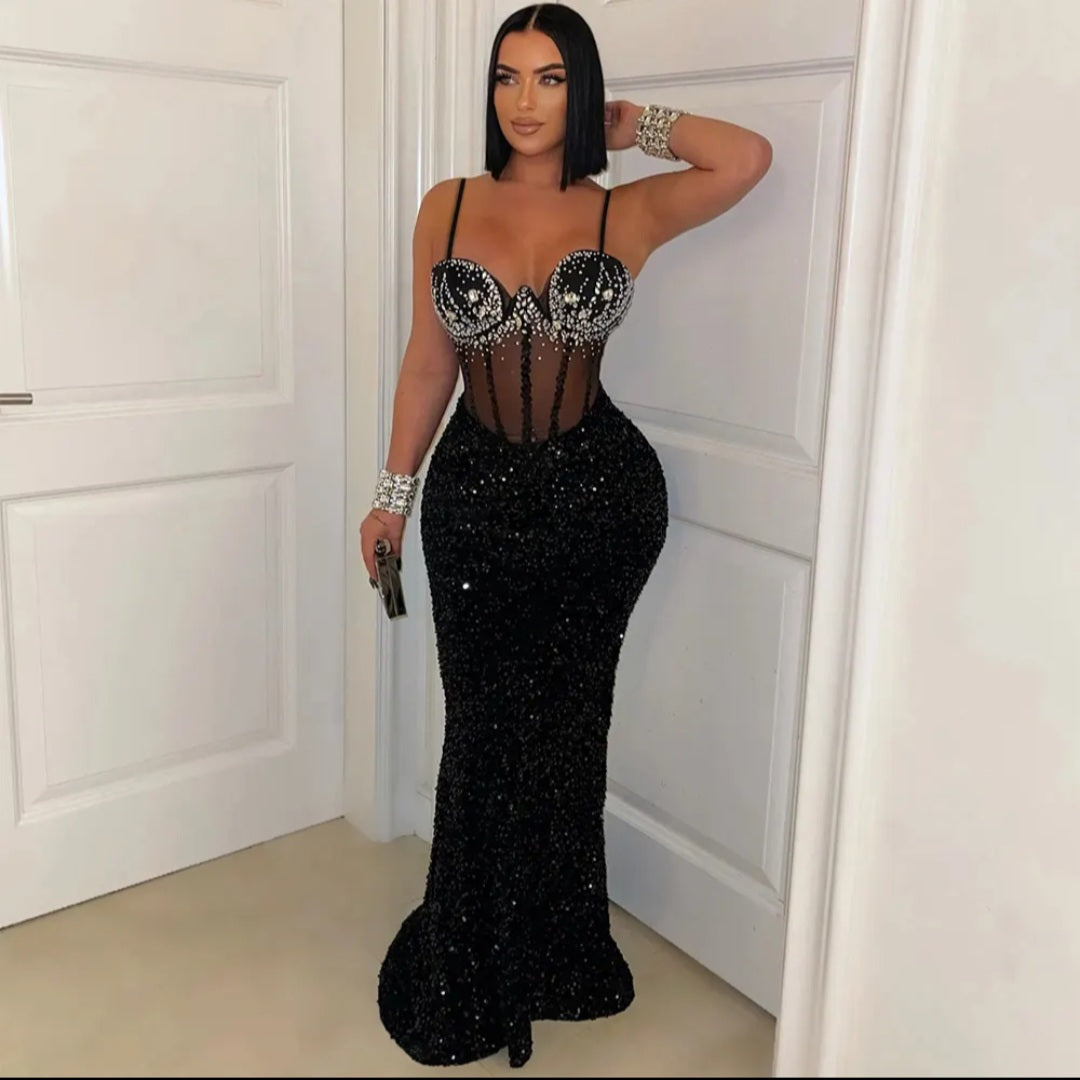 Rhinestone Bustier Sequin Mermaid Evening Gown with High Slit and Sweep Train