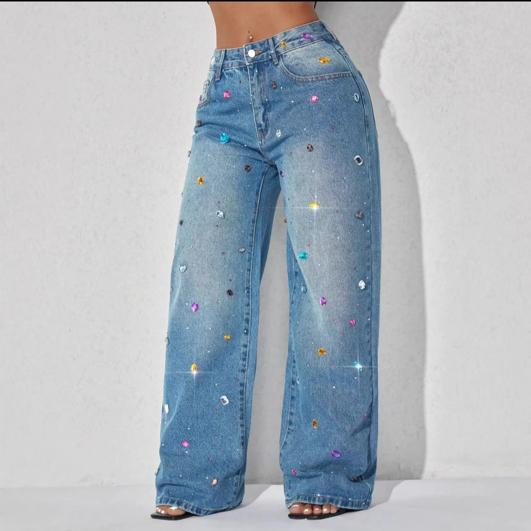 Women Rhinestone Embellished Jeans High Waist Washed Loose Straight Leg Casual Denim Long Pants