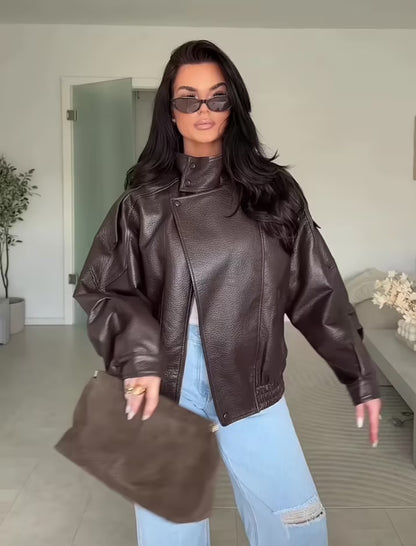 Women's Oversized Faux-Leather Zip Jacket, Versatile Casual Short Coat - Modernrush.us