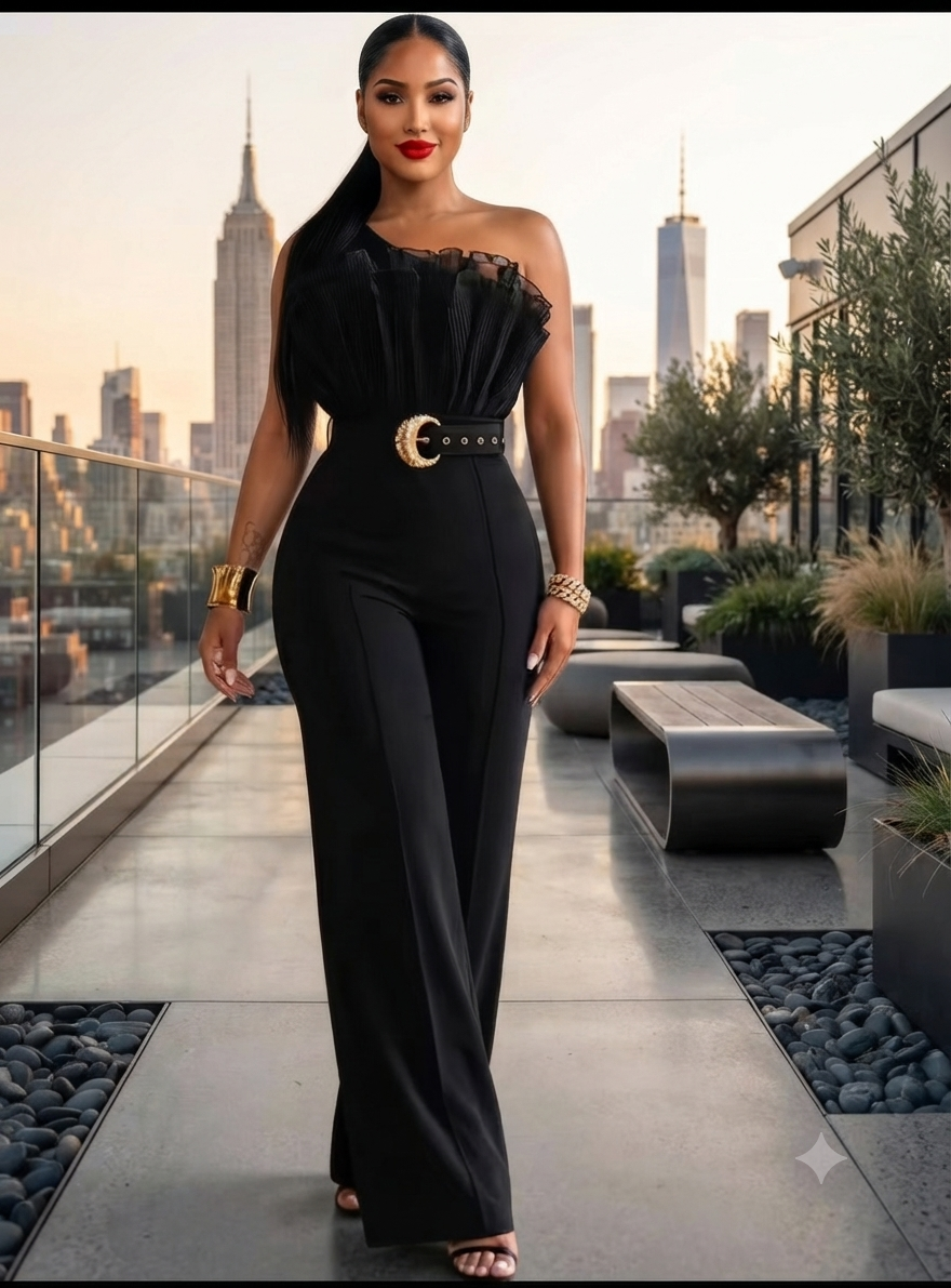 Women's One-Shoulder Ruffled Wide-Leg Jumpsuit