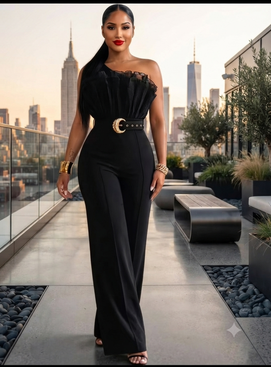 Women's One-Shoulder Ruffled Wide-Leg Jumpsuit