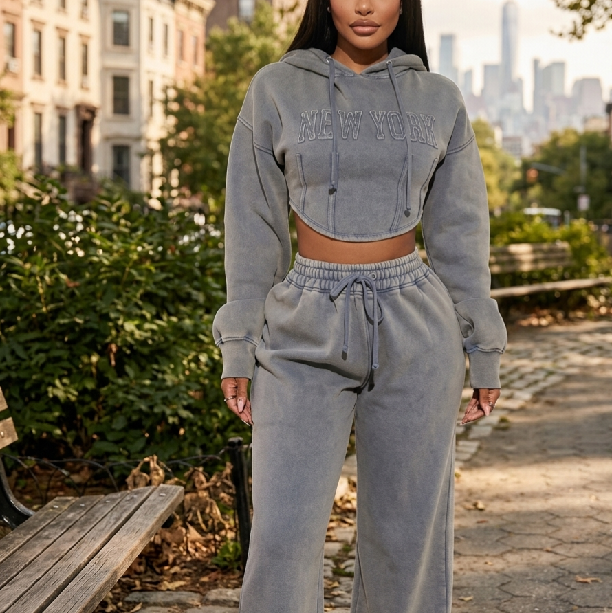 Washed New York Crop Hoodie & Wide-Leg Jogger Set