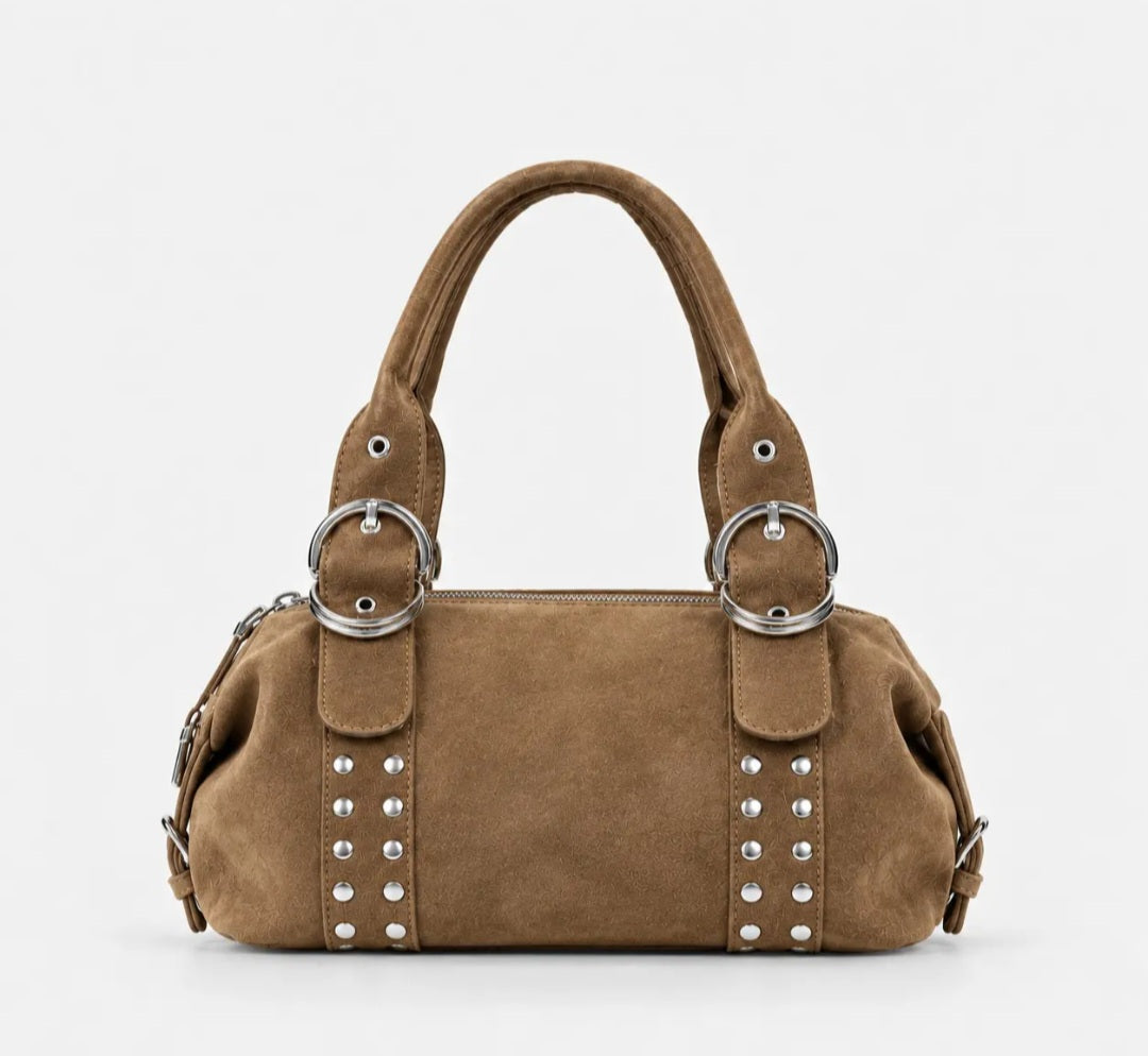 Vintage Studded Suede-Look Boston Shoulder Handbag with Top Handles