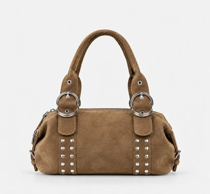 Vintage Studded Suede-Look Boston Shoulder Handbag with Top Handles