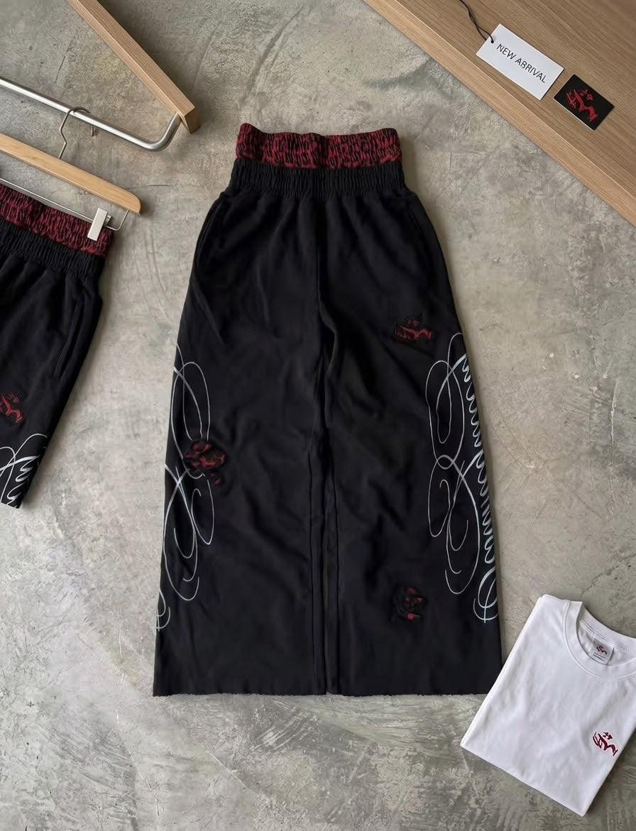 Y2K Leopard Print Wide Leg Sweatpants – Embroidered Scribble Detail