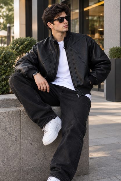 Men's Faux Leather Panelled Bomber Jacket – Black PU Stand Collar
