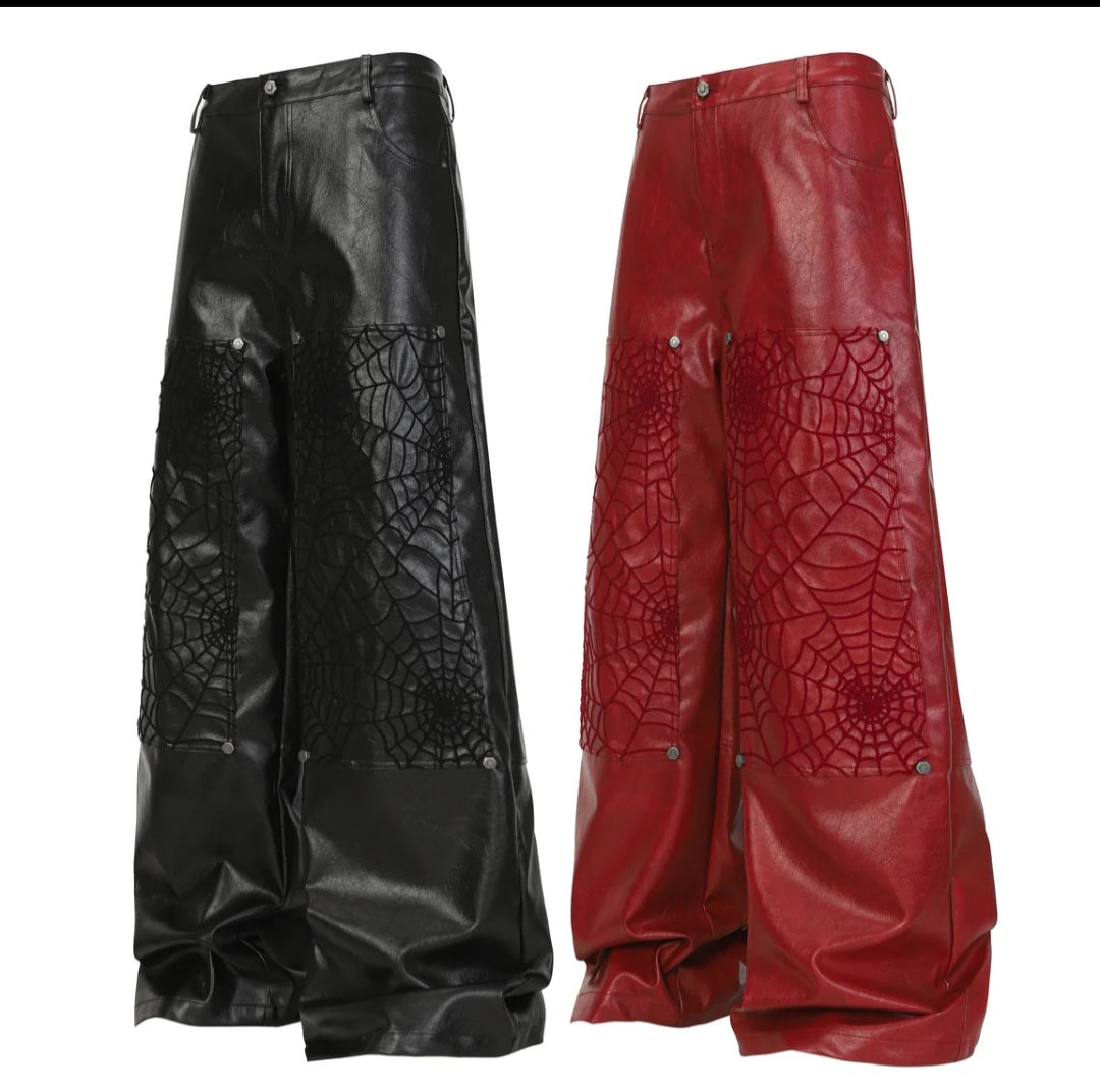 Men's Spiderweb Embossed Faux Leather Wide-Leg Pants
