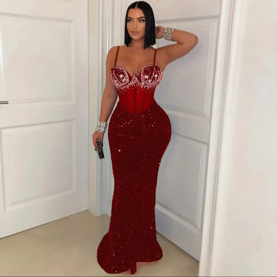 Rhinestone Bustier Sequin Mermaid Evening Gown with High Slit and Sweep Train