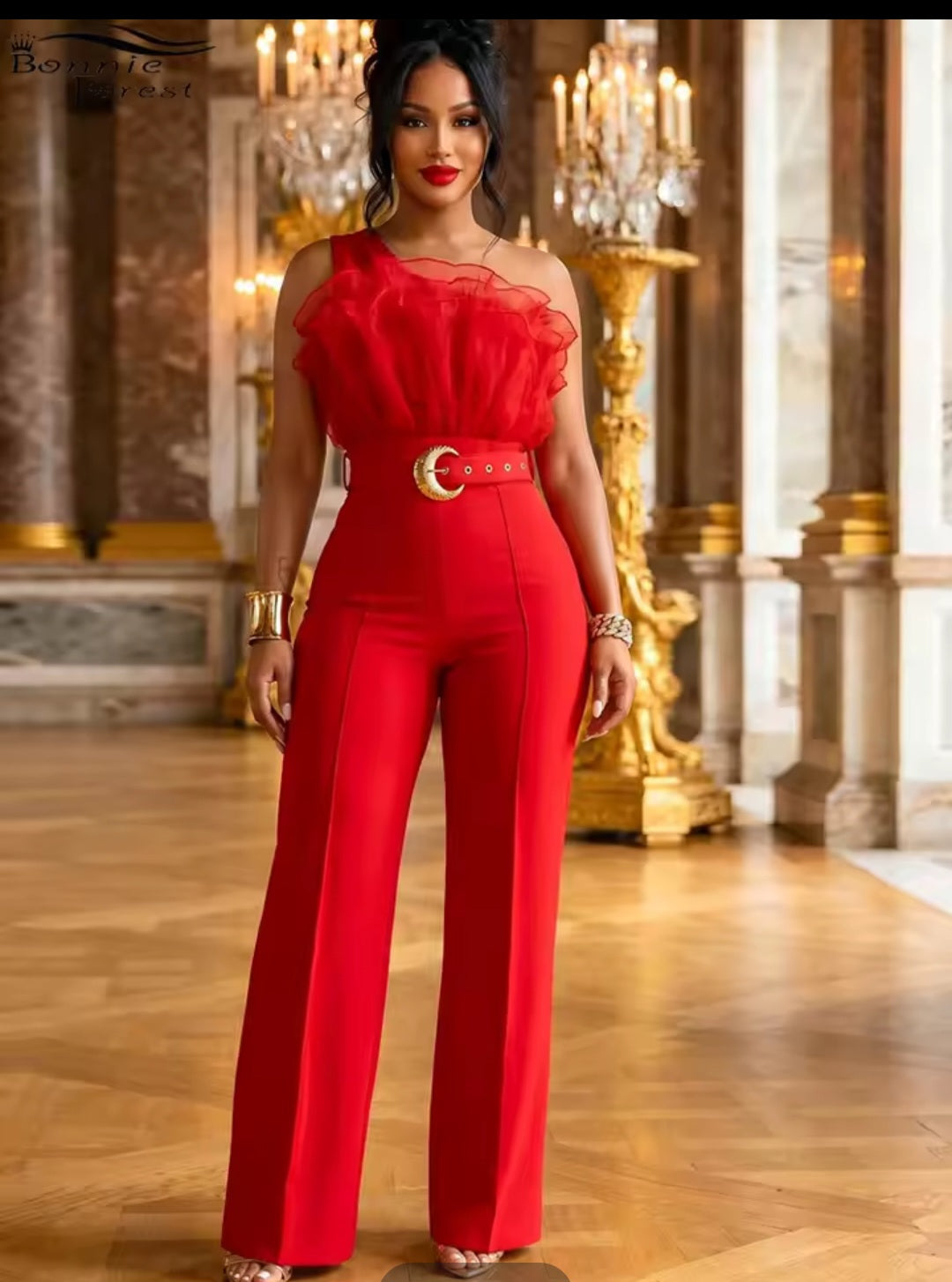 Women's One-Shoulder Ruffled Wide-Leg Jumpsuit