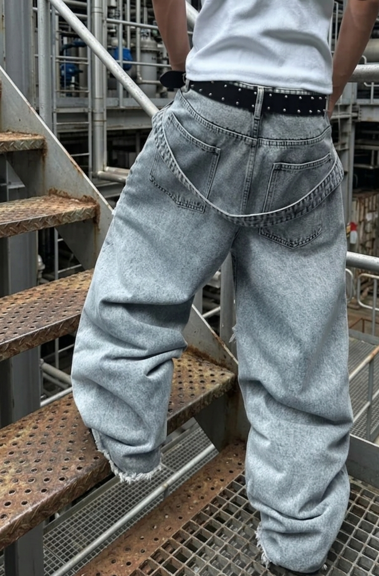 Y2K American Vintage Light Acid Wash Frayed Deconstructed Strap Baggy Stacked Wide Leg Jeans - Modernrush.us