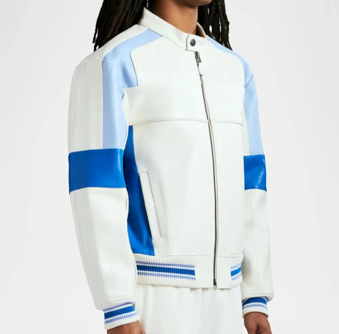 Colorblock Faux-Leather Racing Bomber Jacket