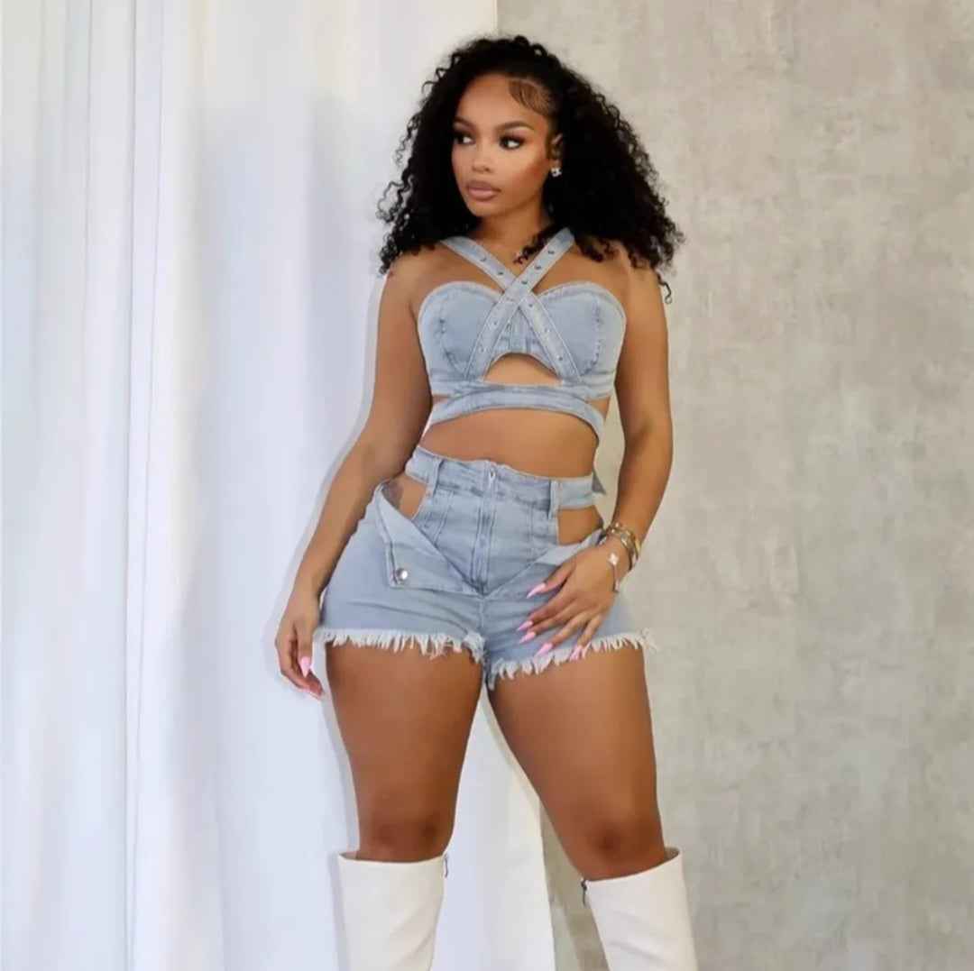 Ribbed Denim Crop Vest & Frayed-Hem Denim Shorts Set
