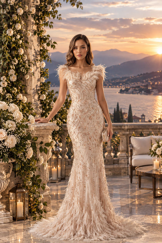 Feather-Trim Beaded Mermaid Evening Gown | Abito da Sera a Sirena con Piume e Perline