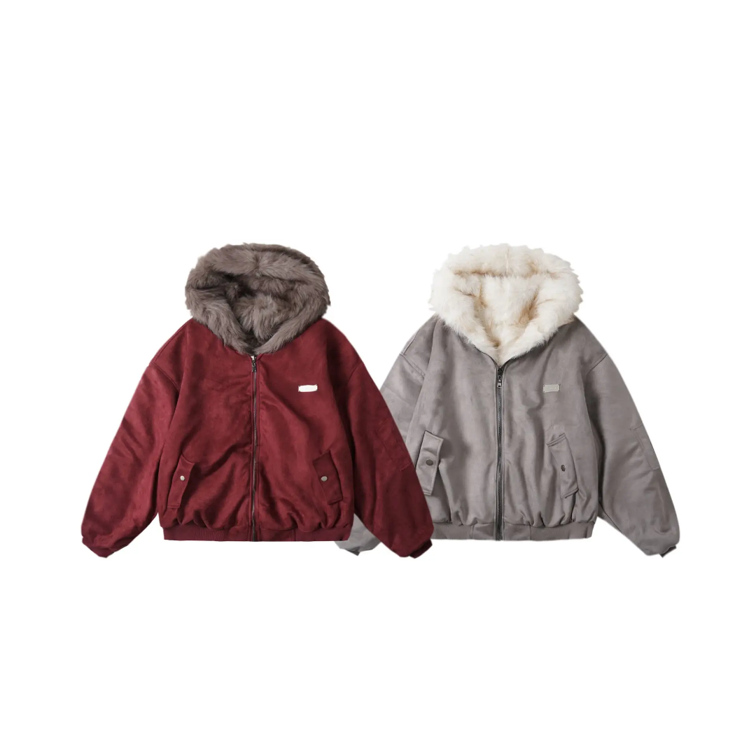 Men's Oversized Faux Fur Lined Suede-Look Hooded Jacket / Giacca Uomo Oversize Effetto Scamosciato con Cappuccio in Pelliccia Sintetica