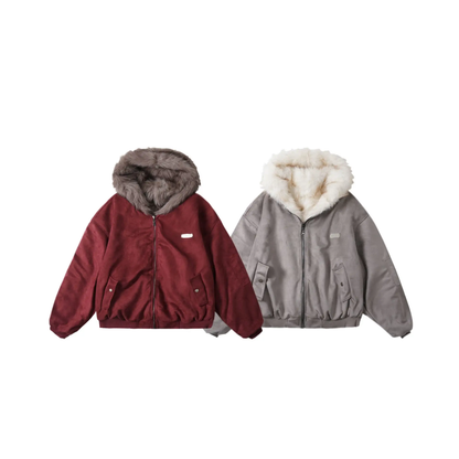 Men's Oversized Faux Fur Lined Suede-Look Hooded Jacket / Giacca Uomo Oversize Effetto Scamosciato con Cappuccio in Pelliccia Sintetica
