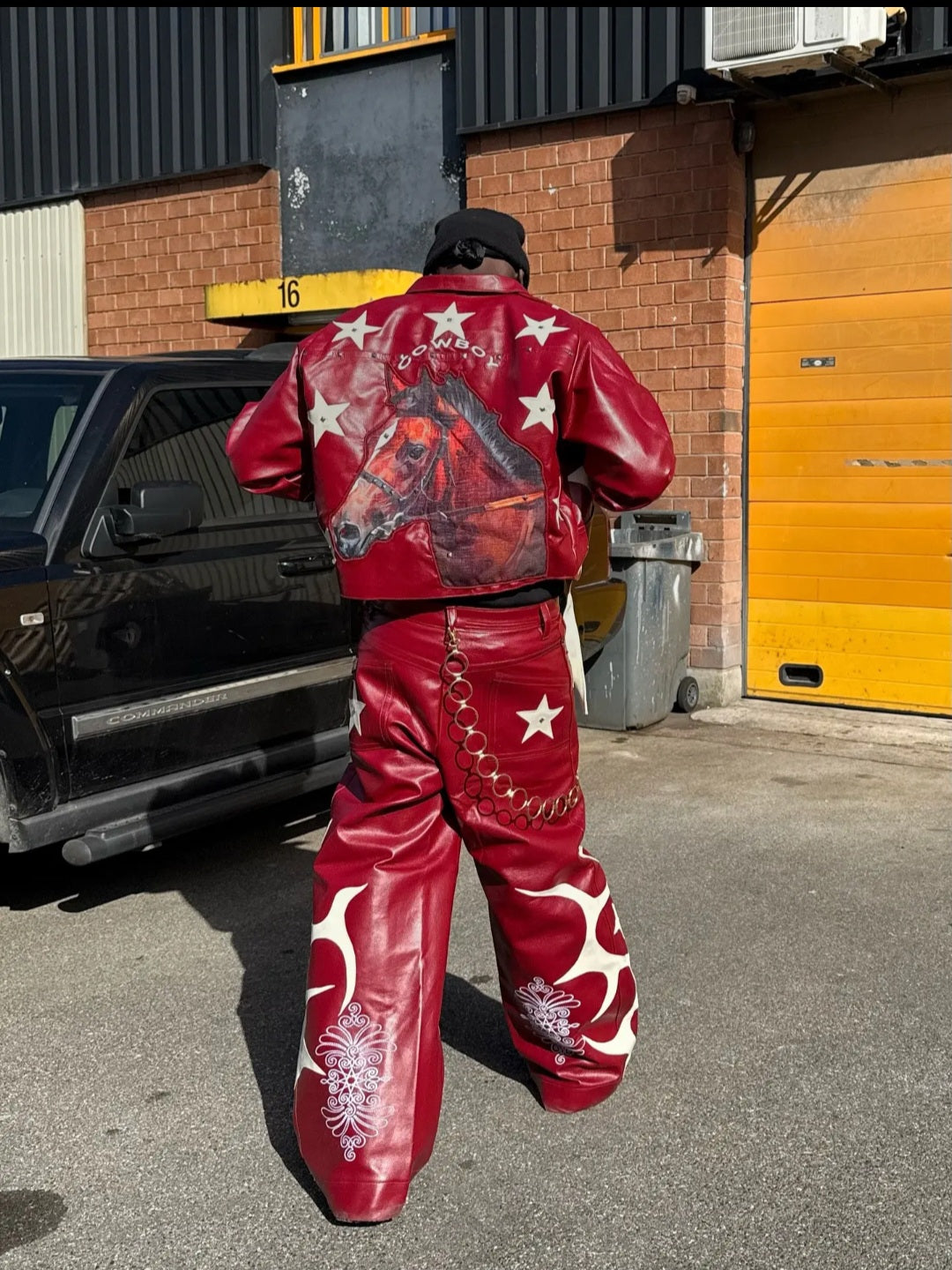 Red Faux-Leather Rivet Jacket & Wide-Leg Pants Set
