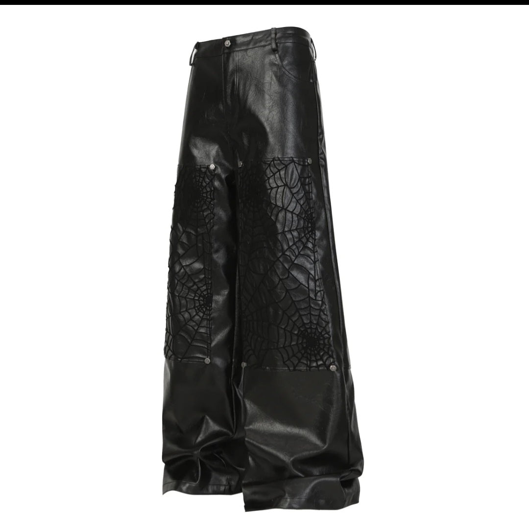 Men's Spiderweb Embossed Faux Leather Wide-Leg Pants