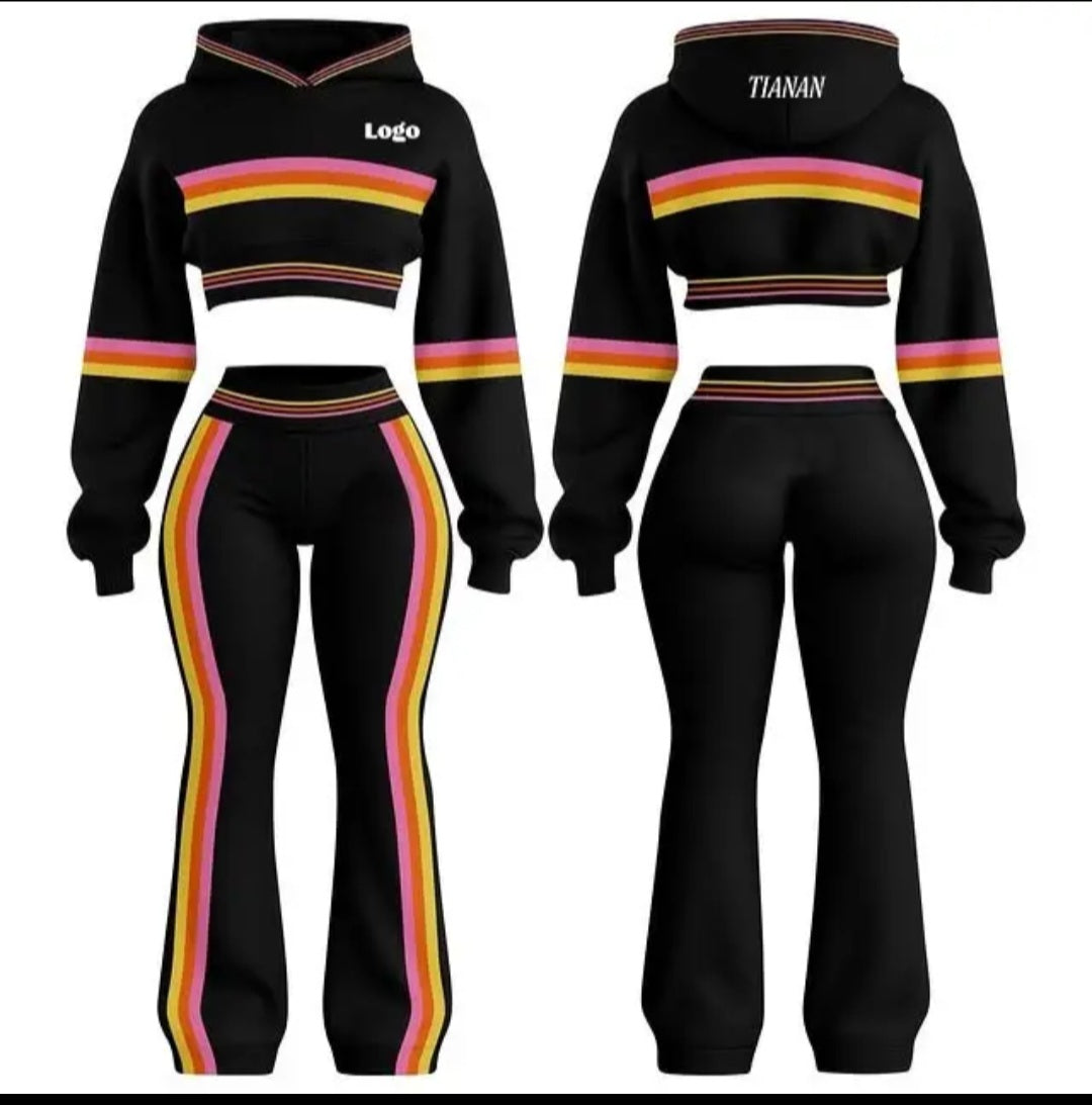 Striped Colorblock Cropped Hoodie &amp; Flare Sweatpants Set