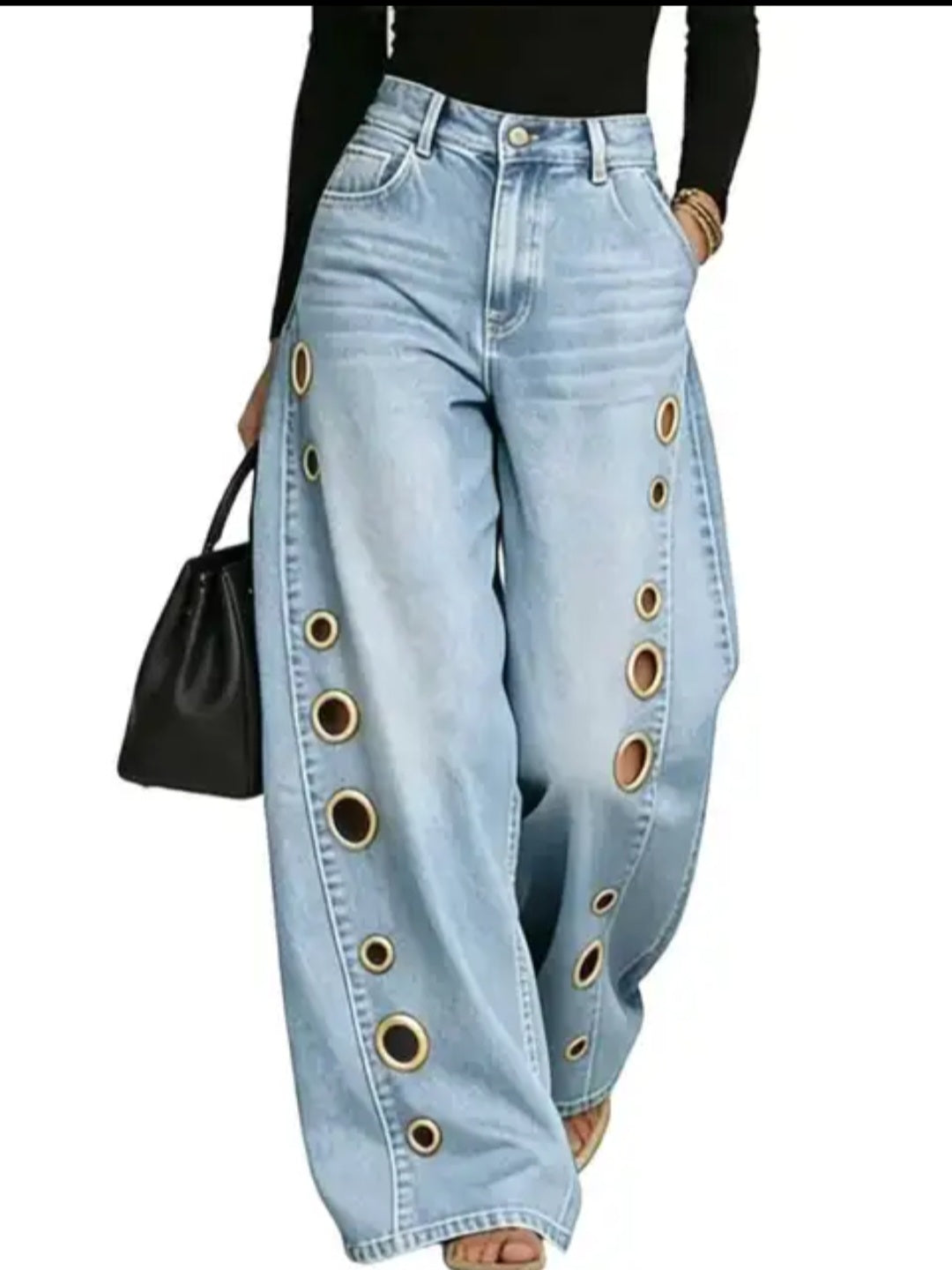 Metal Eyelet Grommet Wide-Leg Jeans