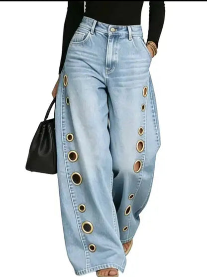 Metal Eyelet Grommet Wide-Leg Jeans - Modernrush.us