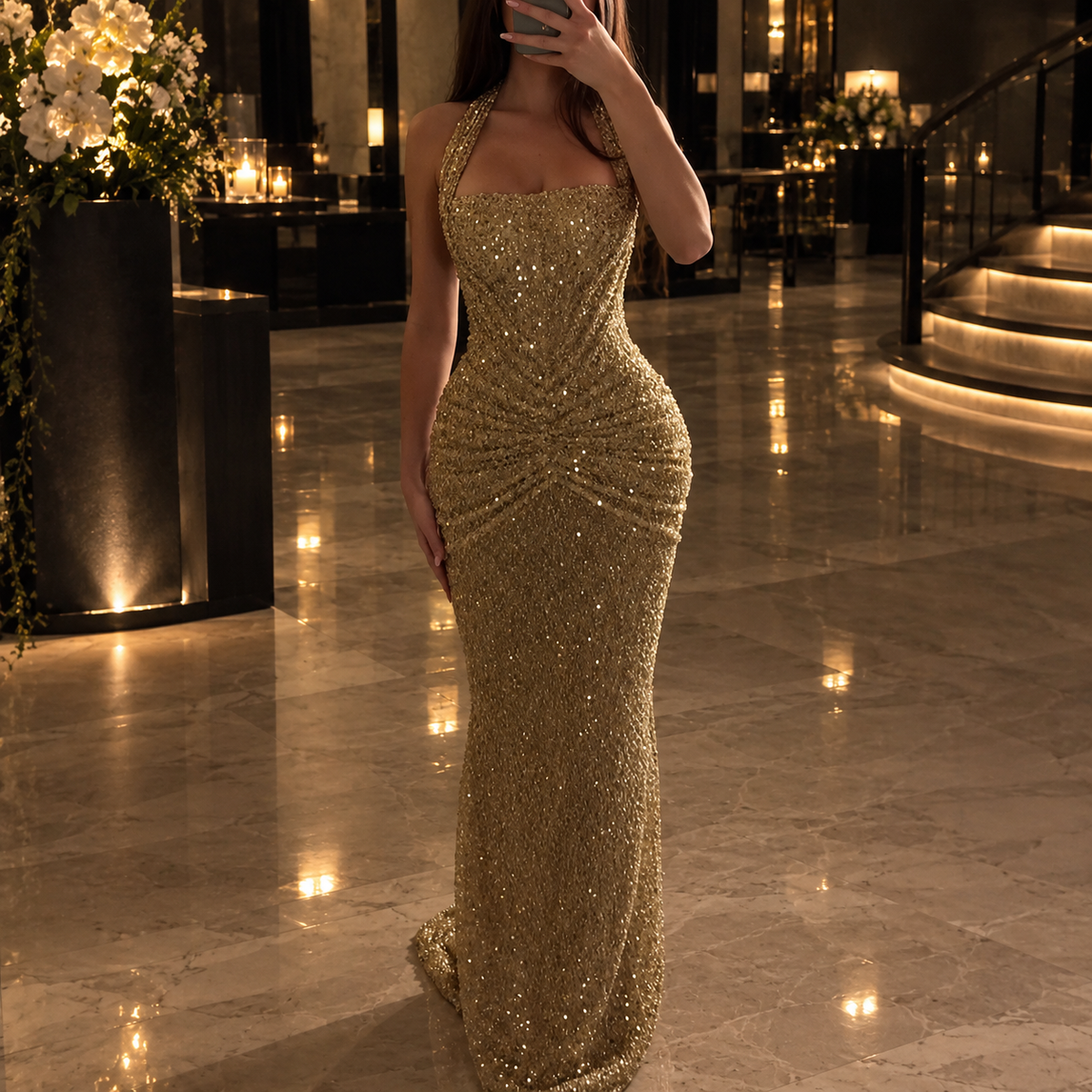 Women's Gold Sequin Halter Mermaid Evening Gown / Abito da Sera Donna Lungo Sirena con Paillettes Dorate