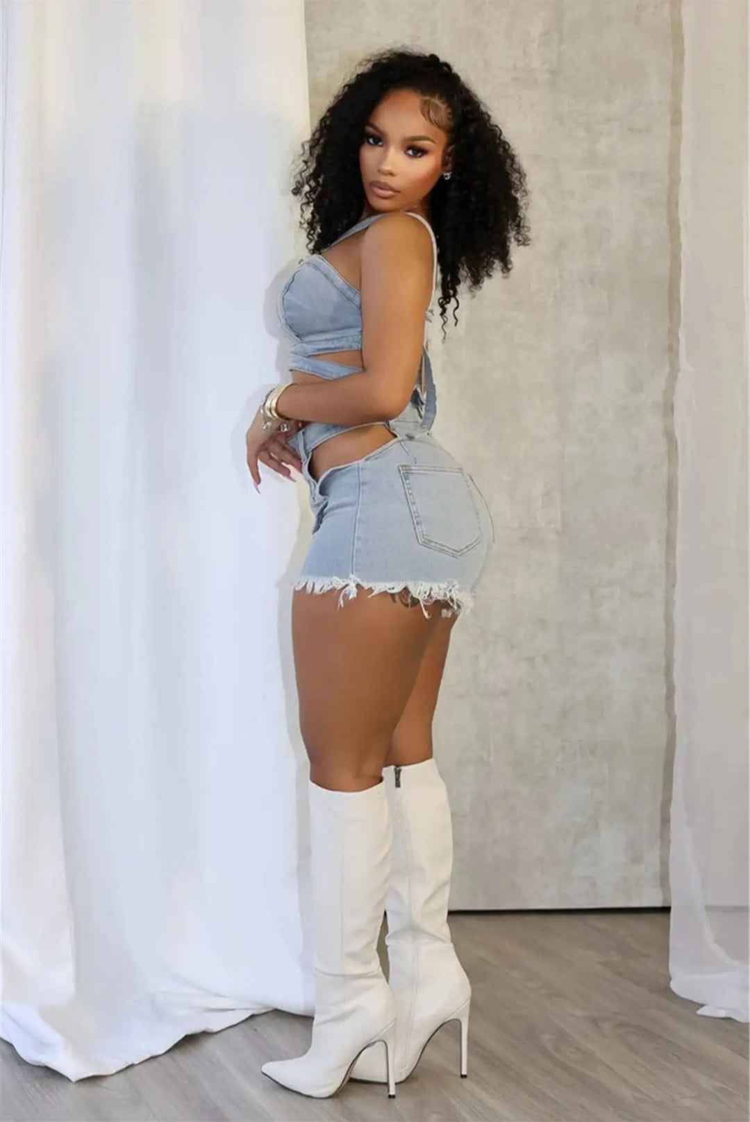 Ribbed Denim Crop Vest & Frayed-Hem Denim Shorts Set