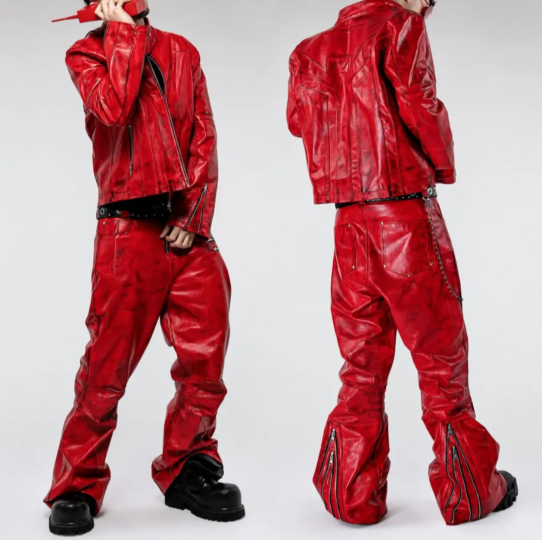 Distressed Leather-Look Two-Piece Zip Jacket and Flare Pants Set