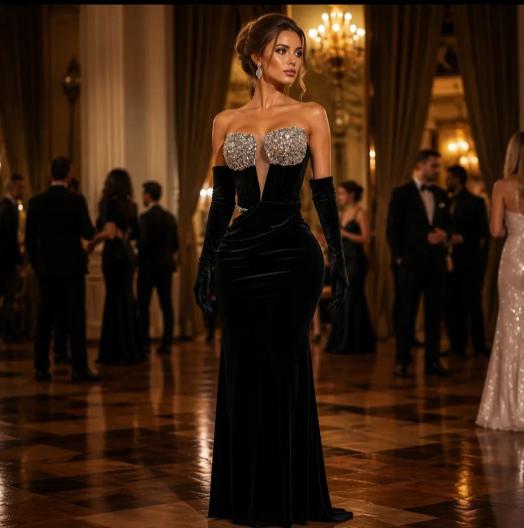 Black Velvet Sequin Bustier Gown with Sheer Tulle Train and Gloves