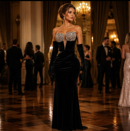 Black Velvet Sequin Bustier Gown with Sheer Tulle Train and Gloves