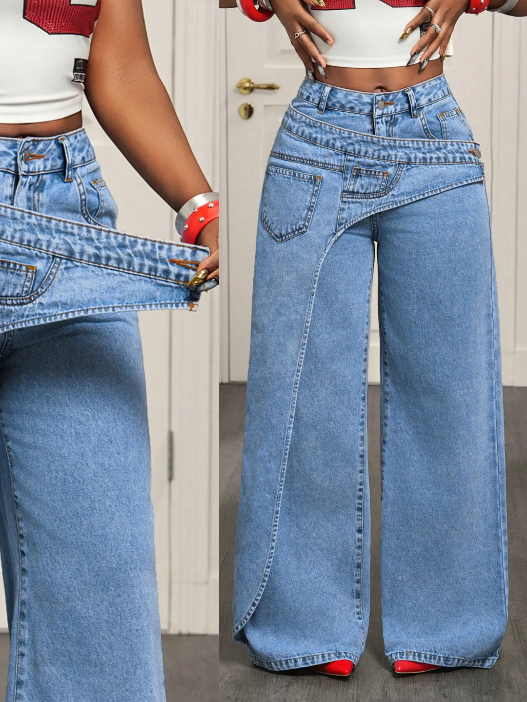Asymmetrical Fold-Over Waist Wide-Leg Jeans | Jeans a Gamba Larga con Vita Asimmetrica Sovrapposta