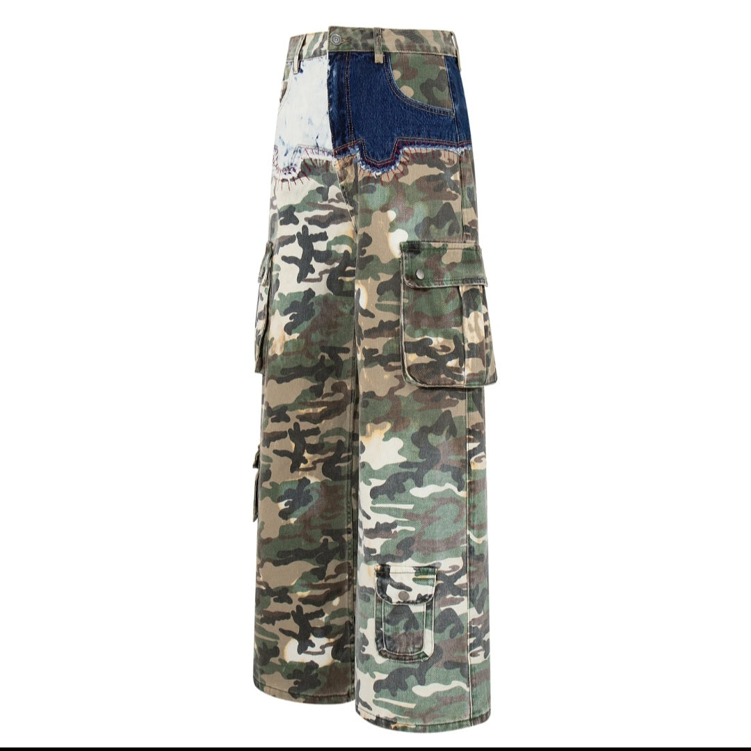 Two-Tone Camo Denim Splice Cargo Pants