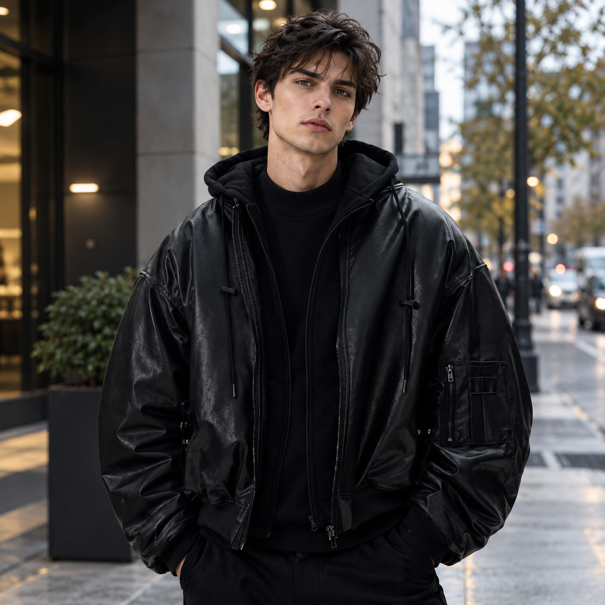 Men's Oversized Leather-Look Hooded Bomber Jacket – Black Heavyweight
