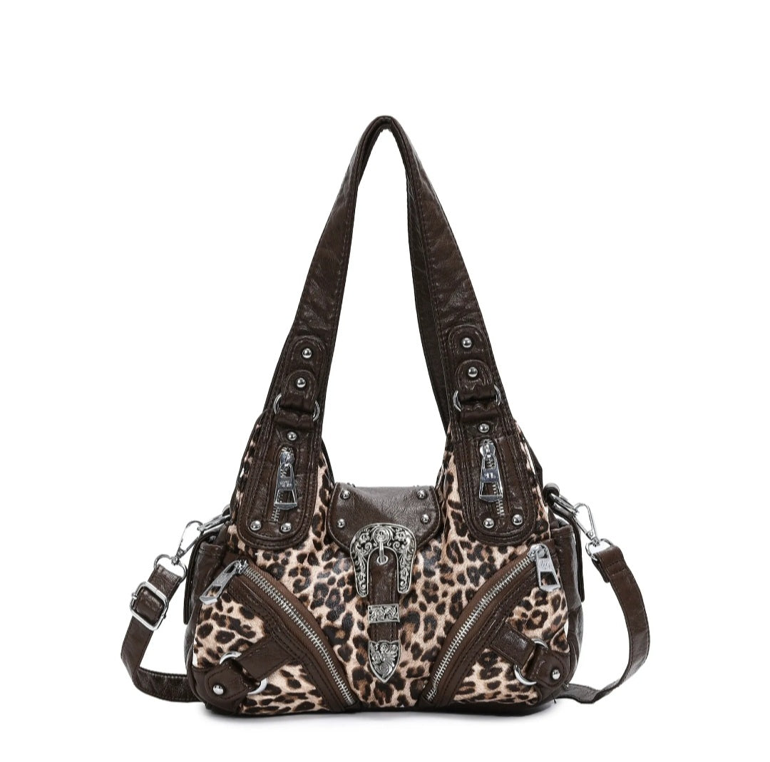 Leopard Print Western Buckle Hobo Shoulder Bag with Multi-Zip Pockets