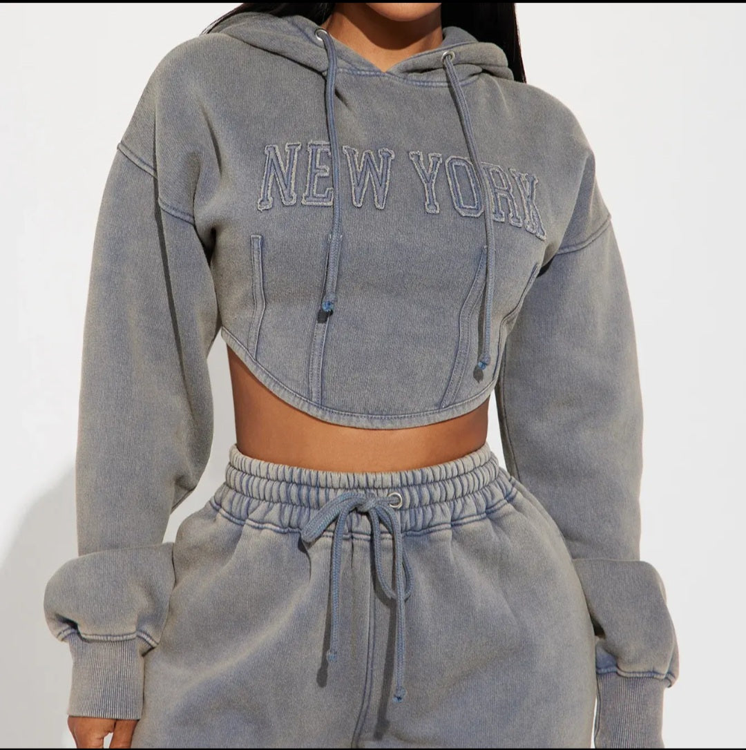 Washed New York Crop Hoodie & Wide-Leg Jogger Set