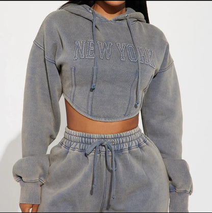 Washed New York Crop Hoodie & Wide-Leg Jogger Set - Modernrush.us