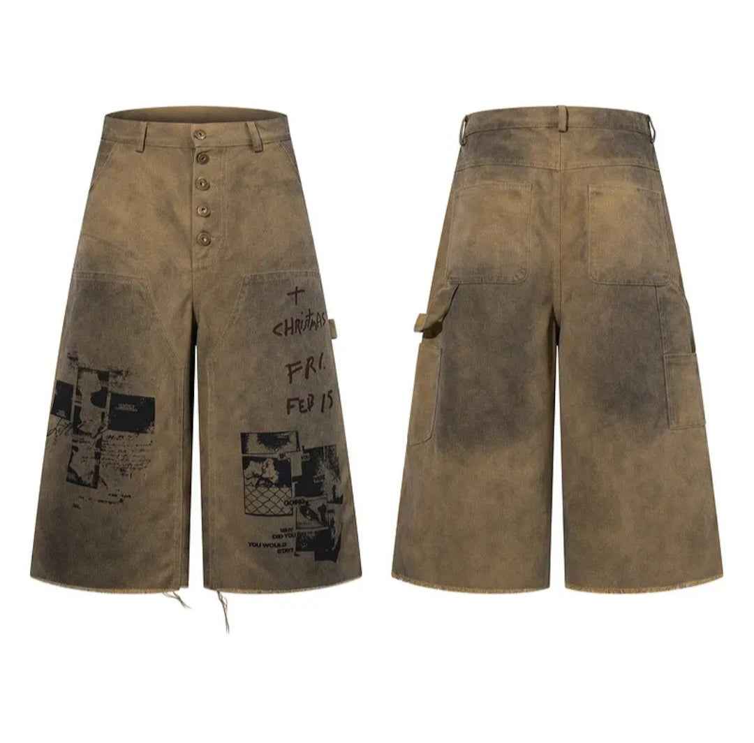Men's Distressed Graffiti Print Baggy Jorts / Jorts Uomo Baggy Effetto Consumato con Stampa Graffiti