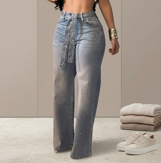 Western Style Rhinestone-Studded Straight-Leg Jeans with Belt Women Streetwear High-Waisted Denim